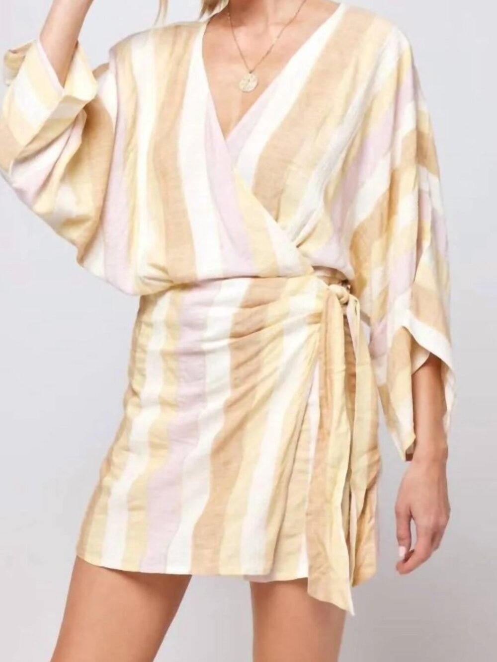 L Space Yellow Multi-Stripe Wrap Dress - Medium